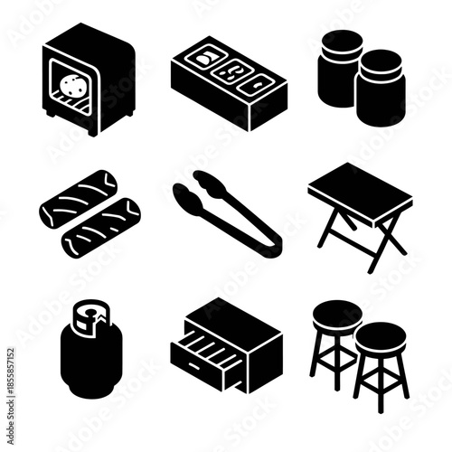 Kitchen and dining icons: toaster, gas cylinder, tongs, bar stools, table, jars
