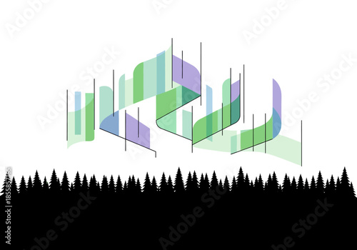 Stylized Aurora Borealis Over Forest Silhouette