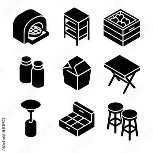 Set of iconic kitchen and dining items in bold black and white design