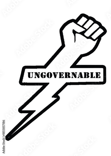 Black and White Round Stencil Emblem with Hands Holding Batons and 'Ungovernable' Protest Slogan Illustration