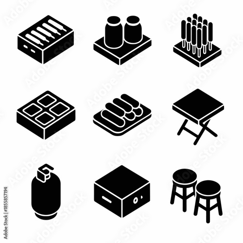 Black and white kitchen and furniture icons set featuring household items