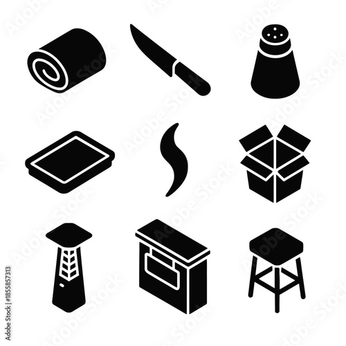 Kitchen utensils and appliances icons set in black silhouettes
