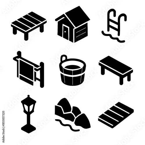 Set of black silhouette icons: dock, shed, ladder, towel, barrel, bench, lamp, rocks, pathway
