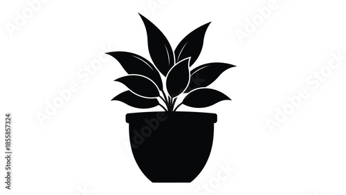 Minimalist black silhouette of a potted plant with leaves on a isolated on white background