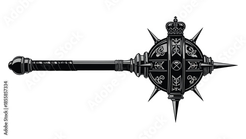 Ornate spiked mace with crown and coat of arms flat design isolated on white background