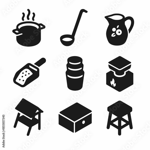 Set of kitchen and furniture icons featuring pot, ladle, pitcher, grater, and stool
