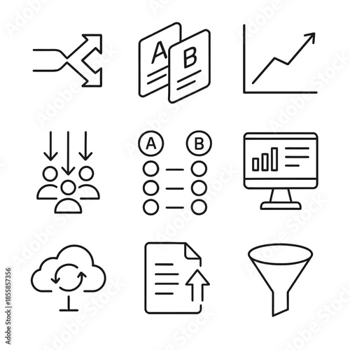 Set of line icons: split testing, data flow, cloud sync, chart, funnel, document upload