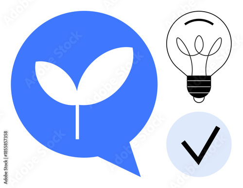 Sustainability, innovation, eco-friendly communication, green ideas, validation processes, energy efficiency. Features a leaf in a speech bubble, a light bulb and a checkmark. Sustainability