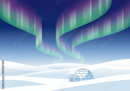 Arctic Landscape with Aurora Borealis and Igloo Illustration