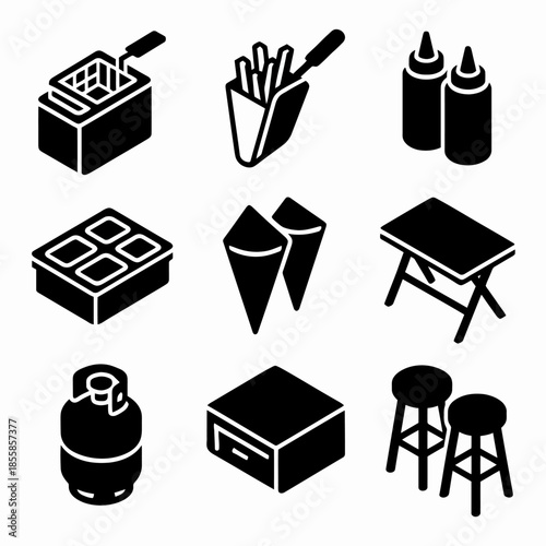 Silhouette icons of food and kitchen items including fryer, fries, condiment bottles, and more