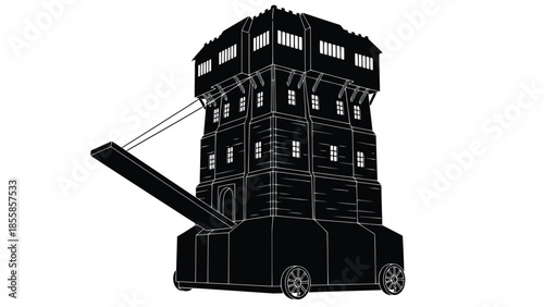 Silhouette of a medieval-style tower on wheels against a isolated on white background