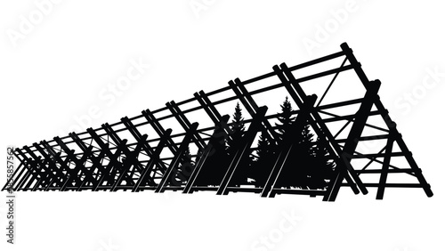 Silhouette of a long bridge structure against a with trees in the distance in a flat black shadow isolated on white background