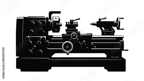 Detailed industrial metalworking lathe machine silhouette flat vector graphic for manufacturing isolated on white background
