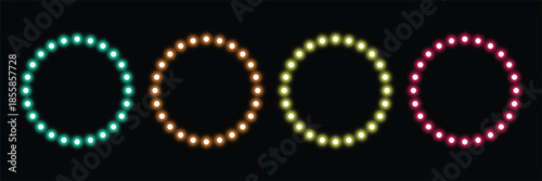 Set of Glowing Neon Dotted Circle Frames  Light Effect Isolated on Black Background Vector Illustration