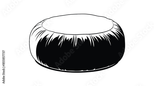 Round black and white soft ottoman cushion graphic in a unique flat vector style isolated on white background
