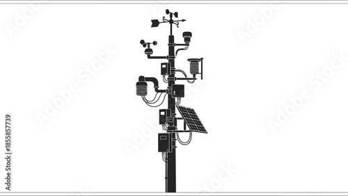 Black silhouette of a modern weather station pole with multiple sensors and a solar panel for meteorological data isolated on white background