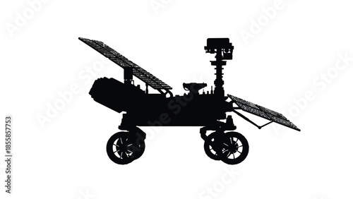 Black silhouette of a futuristic Mars rover with solar panels, a scientific exploration vehicle, . isolated on white background