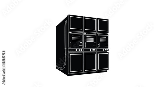 Black silhouette of a large electronic equipment cabinet with multiple panels and vents on a isolated on white background