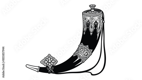 Decorative horn shaped drinking vessel with intricate designs and patterns isolated on white background