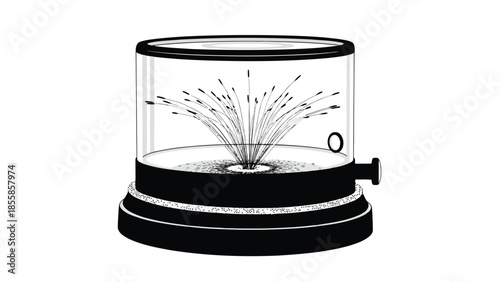 Black and white illustration of a glass cylinder device with a rotating base and a burst of lines emanating from the isolated on white background