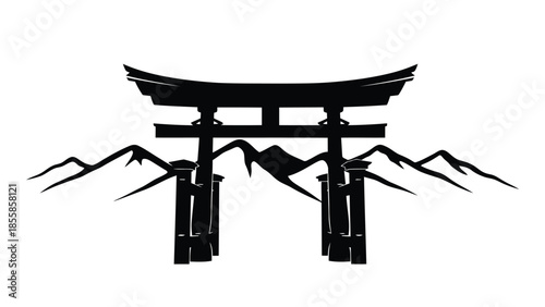Black silhouette of a Japanese torii gate with mountains isolated on white background