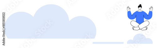 Mindfulness, meditation, relaxation techniques, stress management, mental clarity, self-care. Person sitting cross-legged meditating above clouds. Mindfulness and meditation concept