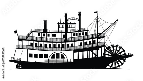 Black silhouette of a classic paddle wheel steamboat riverboat , flat illustration isolated on white background