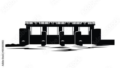 Black silhouette of a dam structure with a walkway on top against a isolated on white background