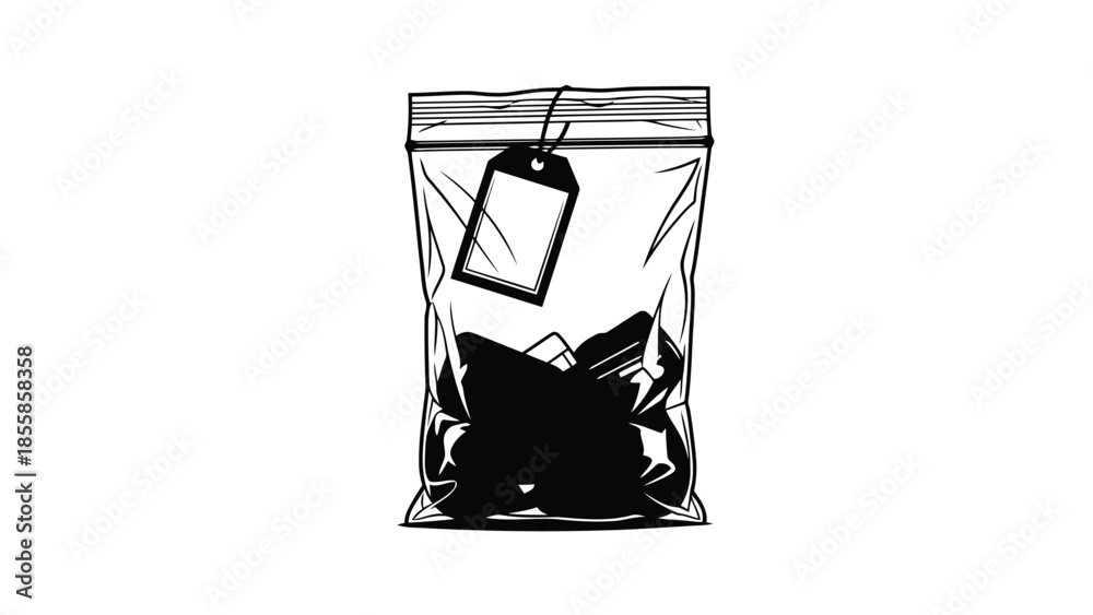 Obraz premium Illustration of a sealed transparent plastic zip lock bag, with a blank tag and dark contents, . isolated on white background