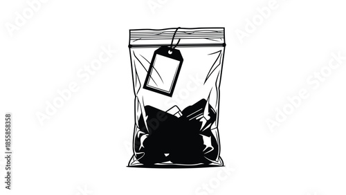 Illustration of a sealed transparent plastic zip lock bag, with a blank tag and dark contents, . isolated on white background