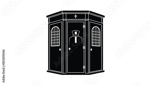 Black silhouette of a traditional British phone booth with a priest symbol on the door, isolated on white background