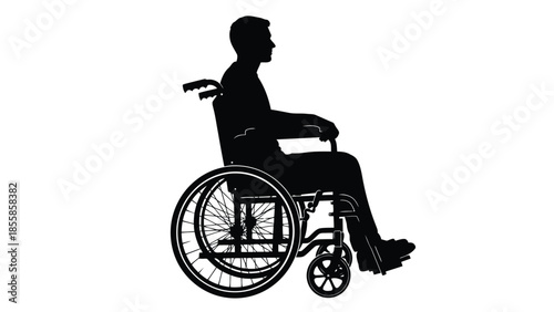 Detailed black silhouette of a man sitting in a manual wheelchair, depicted from a side profile, . isolated on white background