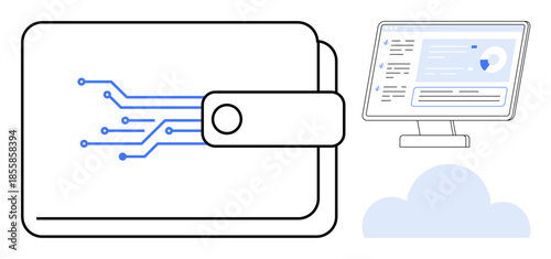 Digital payments, fintech, data storage, cloud computing, financial security, online transactions. Wallet with circuitry and a computer interface above a cloud. Digital payments and fintech