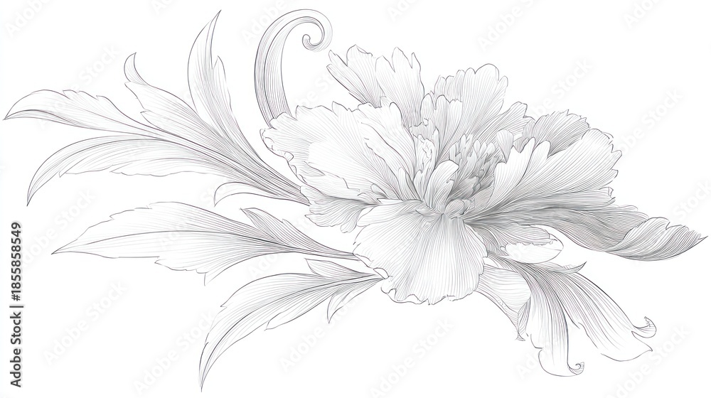 Fototapeta premium Delicate pencil sketch of a peony blossom and ornate leaves on a white background