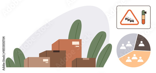Boxes stacked with leafy background, a warning sign illustrating traffic congestion, and a team collaboration chart with segments. Ideal for logistics, teamwork, planning, coordination
