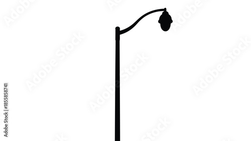 Minimalist flat black silhouette icon of a classic street lamppost with a curved arm and light fixture, . isolated on white background