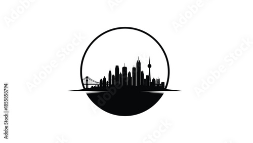 Urban metropolis cityscape silhouette with modern skyscrapers and bridge, contained within a bold circular vector logo isolated on white background