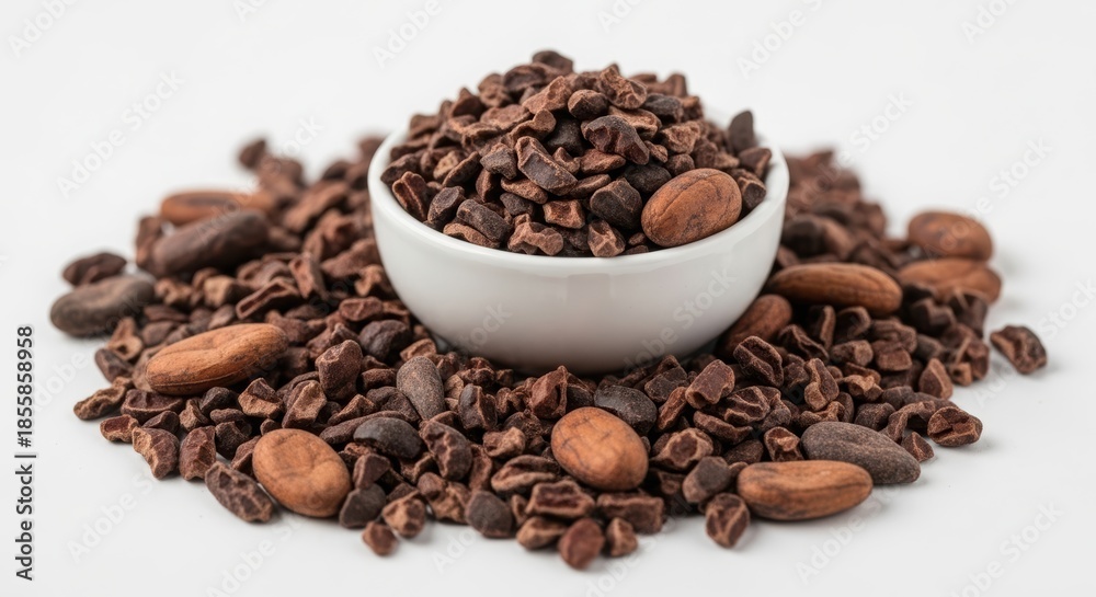 Fototapeta premium Delicious chocolate chunks and cocoa beans in white bowl on rustic background-organic product