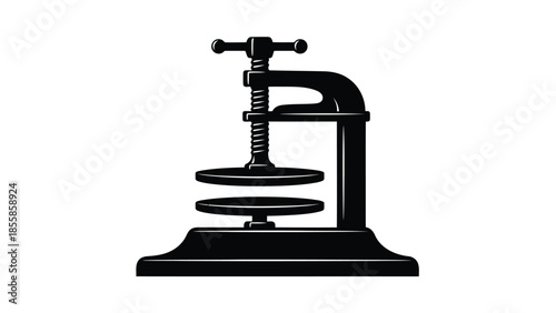 Black silhouette of vintage bookbinding press machine on , flat design isolated on white background