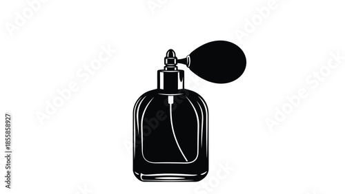 Black silhouette of an elegant vintage perfume bottle with an atomizer spray pump, , minimalist vector graphic. isolated on white background
