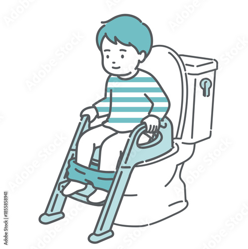 補助便座とステップを使ってトイレトレーニングをする男の子のイラスト（トイトレ・成功）