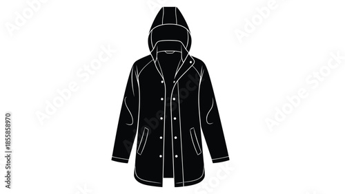 Black hooded raincoat for outdoor weather protection, a flat vector graphic illustration on a . isolated on white background