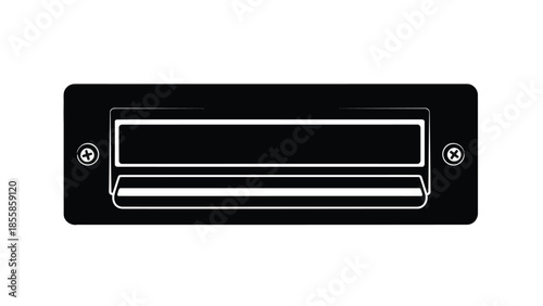 Black rectangular mail slot or label holder icon with screws, minimalist flat vector silhouette design isolated on white background