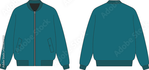 Front and back view teal bomber jacket vector illustration, minimalist fashion apparel design template isolated on white backgroundFront and back view teal bomber jacket vector illustration, 