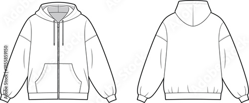 Front and back view zip up hoodie outline vector illustration, casual streetwear sweatshirt apparel technical drawing isolated on white background