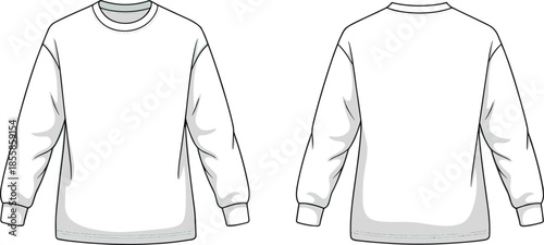 Front and back view white crewneck sweatshirt outline vector illustration, minimalist casual apparel mockup template isolated on white background