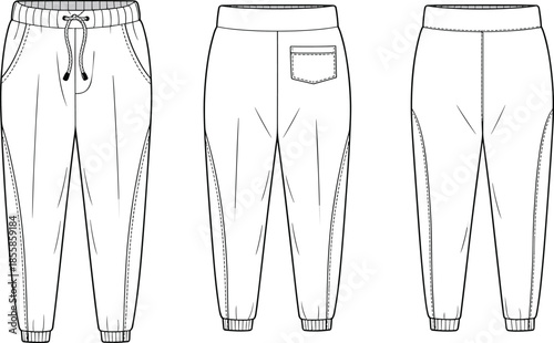 Front back and side view jogger pants outline vector illustration, casual sportswear apparel technical drawing isolated on white backgroundFront back and side view jogger pants outline vector 
