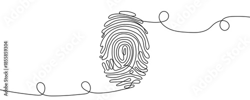Fingerprint in vertical orientation. Drawing in one line art style with editable black stroke on a white background. Vector illustration.