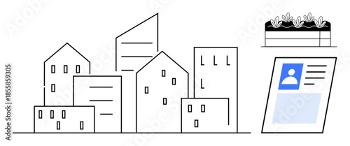 Urban cityscape. Urban feature building outlines, eco-conscious rooftop gardens, and a profile ID card for personalization. Urban living, identification, sustainability, and modern architecture