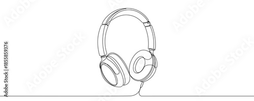 Over-ear wired headphones. Drawing in one line art style with editable black stroke on a white background. Vector illustration.
